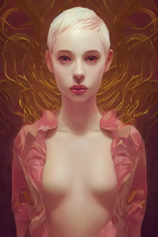 Image similar to “Portrait of a Beautiful pale skin female with short pink hair, elegant, digital painting, highly detailed, artstation, concept art, smooth, sharp focus, gold, neon lighting, illustration, art by Klimt and Ayami Kohima .”