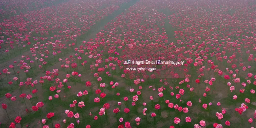 Image similar to a beautiful big field of rosses with in the background industry buildings with dirty smoke fire oil refinery, global illumination, by zeng fanzhi