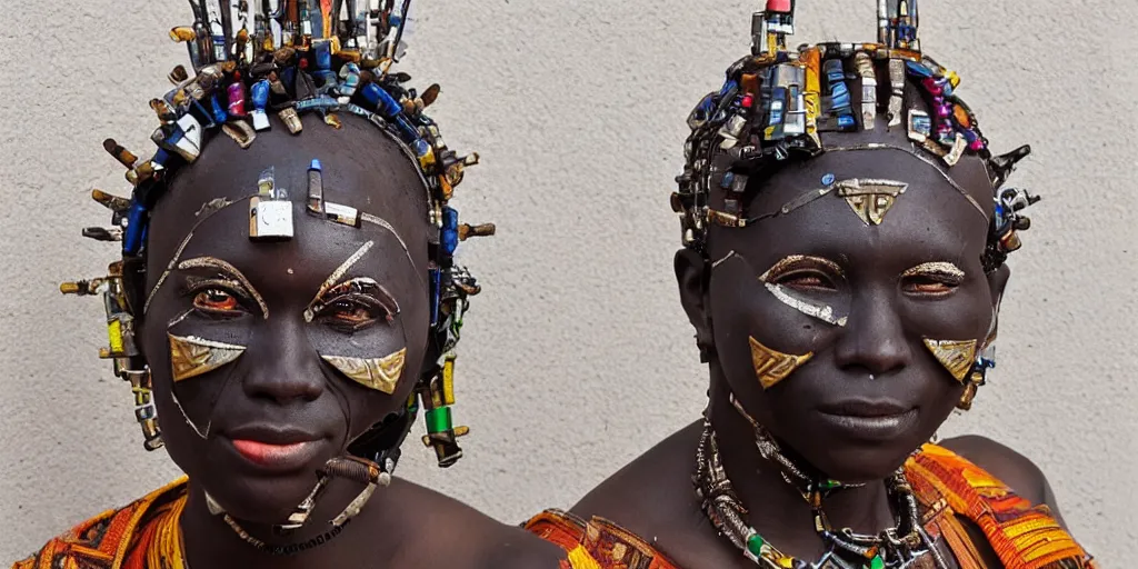 Prompt: a beautiful cyborg made of ceremonial african maske