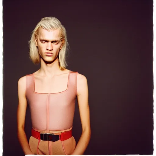 Image similar to realistic photoshooting for a new balenciaga lookbook, color film photography, portrait of a blonde european model, in style of tyler mitchell, 3 5 mm,