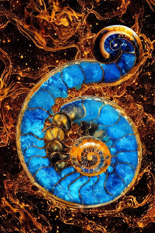 Prompt: transparent marble obsidian ammonite fossil, blue silk, flowing water, glowing gold embers, spiritual vibes, glass flame, amaro, art nouveau, foamy bubbles, redshift render, cgi, 3 d, hyper - detailed, ultra - realistic, photo - bash, 8 k post - production, masterpiece