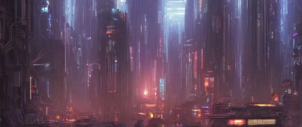 Image similar to detailed cyberpunk city at night, with a huge black hole from interstellar in the sky, digital painting concept art, by Ralph Mcquarrie, highly detailed, trending on artstation, dark