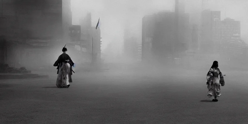 Prompt: modern chicago streets, elegant female samurai ninja, with large sword, open back dress, exposed back, wide hakama trousers, approaches a military tank ww 2 mech robot, by akira kurosawa, black and white, cinematography, movie, fog, atmospheric perspective,