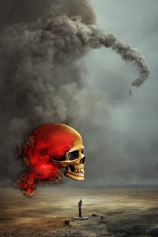 Image similar to immaculate painting of A Beautiful fine detailed gold and red and black huge skull floating in smoke over desolated wastelands, an iIlusion by erik johansson micro detailing