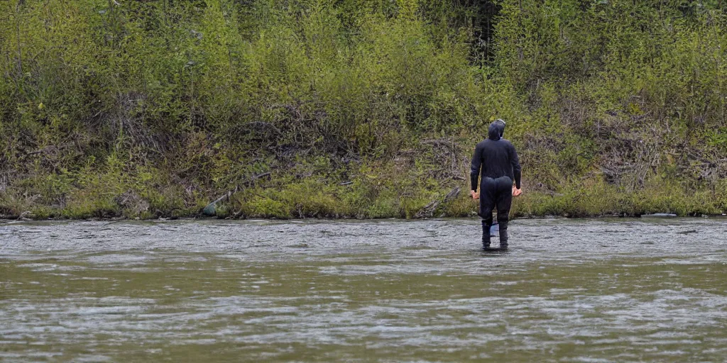 Prompt: Human sized cryptid in a river in alaska, long lens, telephoto, candid picture