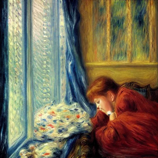 Prompt: on a rainy day, someone in home sits in bed, curled up under the covers, watching the rain outside the window, cinematic, artstation, extremely detailed, intricate, cinematic lighting, art by pierre - auguste renoir, gustave caillebotte
