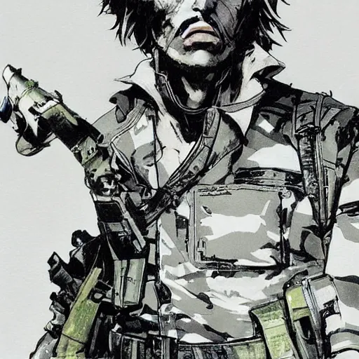 Prompt: Yoji Shinkawa style artwork of a soldier in the woods