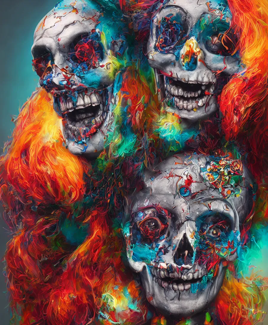 Prompt: portrait skull Clown, high detail, octane render, cinematic, hyper realism, 8k, depth of field, artstation, concept art, illustration, vibrant colors, by Tristan Eaton Stanley Artgerm and Tom Bagshaw