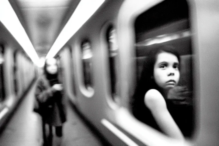 Image similar to girl in augmented reality headset in a subway, richard avedon, tri - x pan, ominous lighting