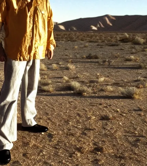 Image similar to walter white with a microphone in the desert, realistic, movie still, close up