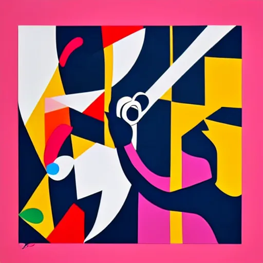 Image similar to portrait of a person playing trumpet, abstract painting in the style of Sophie Taeuber-Arp and Gary Hume and Tatsuro Kiuchi, flat colour-block style, geometric abstraction, dark colours