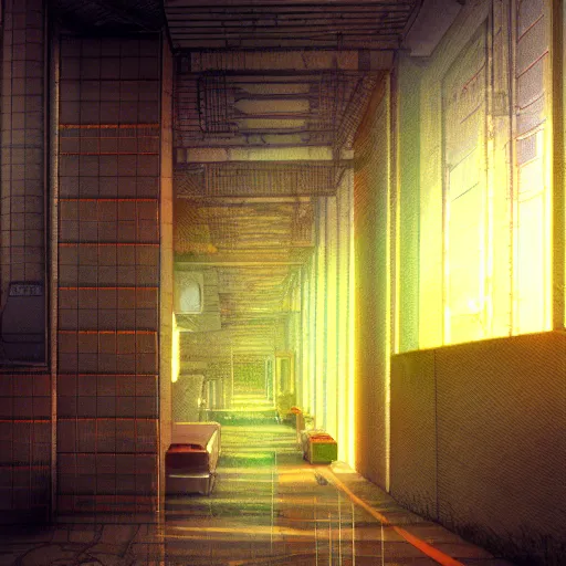 Image similar to a serial experiments lain inspired makoto shinkai scenery artwork