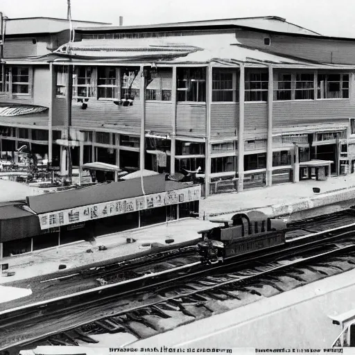 Prompt: exterior of mcdonald's restaurant that's large like a factory complex, with a rail line and trains driving through it