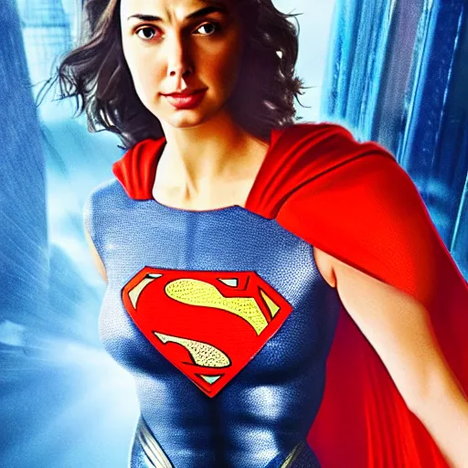 Image similar to an potrait of gal Gadot cast of movie man of steel and wearing a superman suit, photorealistic high detail, view from below, full shot body.