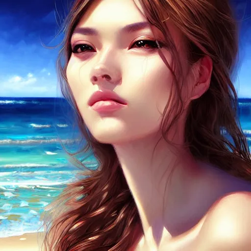 Prompt: portrait of beautiful woman on the beach, highly detailed, digital painting by wlop, rossdraws, artgerm.