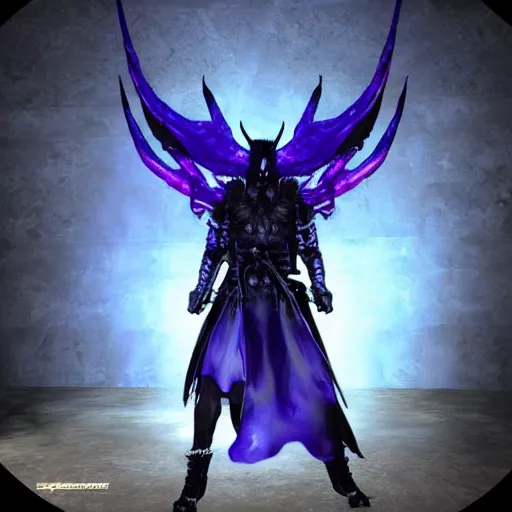 Prompt: demon black blue purple, swords, daggers, unreal engine