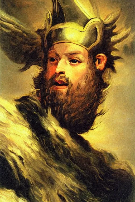 Prompt: goya oil painting thor god of thunder portrait, huge beard, winged helmet