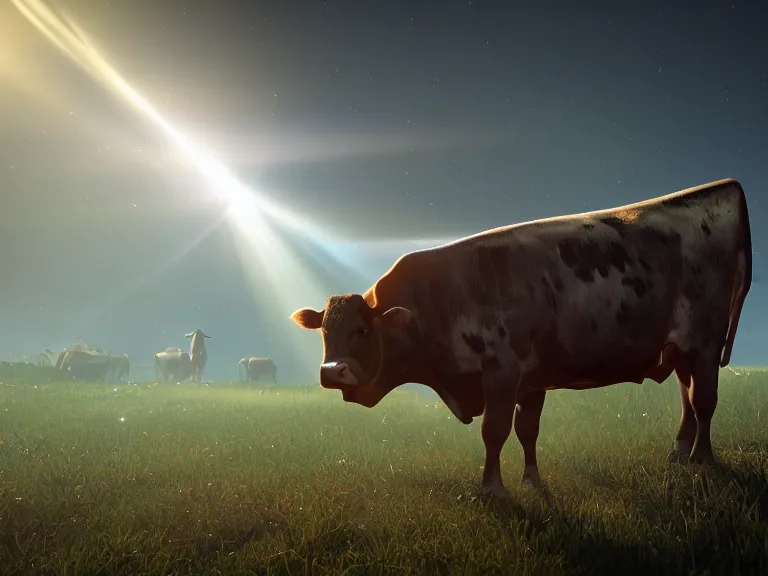 Image similar to honorary mention at a cow tipping contest, 8 k, ultra realistic, lens flare, atmosphere, glow, detailed, intricate, full of colour, cinematic lighting, trending on artstation, 4 k, hyperrealistic, focused, extreme details, unreal engine 5, cinematic, masterpiece