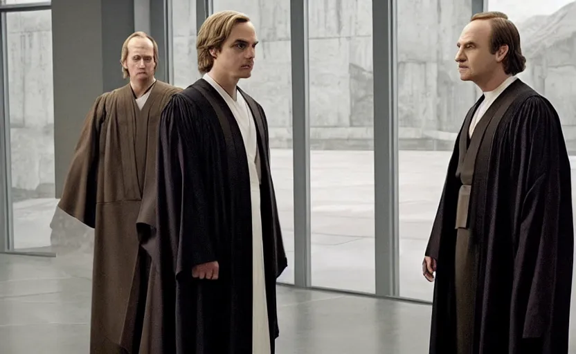 Prompt: anakin skywalker played by hayden christensen wearing jedi robes is talking to lawyers saul goodman played by bob odenkirk wearing a suit and kik wexler played by rhea seehorn in court, better call saul court scene 1 0 8 0 p, jimmy mcgill in court, court session images, realistic faces