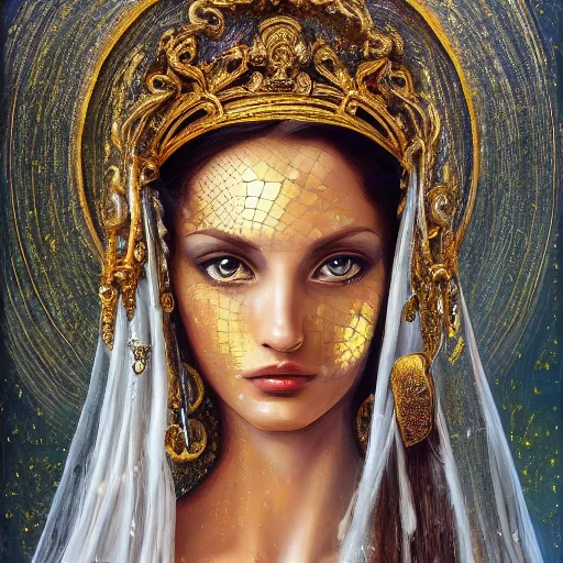 Prompt: beautiful gorgeous pristine italian Goddess of life with a veil, dark Goddess of artificial intelligence creating an artificial neural network with gold synapses on an anvil with her scythe, high resolution, award winning art, trending on art station, sharp image, incredibly detailed, detailed character, realistic painting, hyper-realistic painting, coherent painting, master piece by ramon y cajal