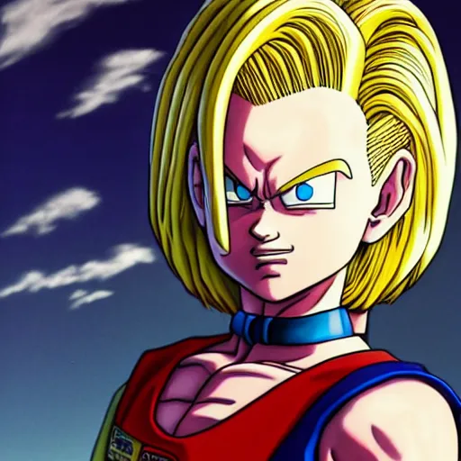 Image similar to ultra realistic portrait painting of android 1 8, art by akira toriyama, 4 k, dragon ball artstyle, cel shaded, highly detailed, epic lighting