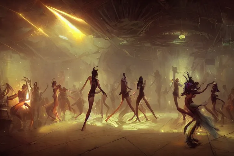 Prompt: night club, girls dance, cinematic lighting, exaggerated detailed, unreal engine, art by greg rutkowski & peter mohrbacher