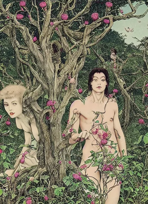 Image similar to 4k photo of an adam and eve in eden garden, by Vania Zouravliov and Takato Yamamoto, high resolution. still from 2021 a movie by Gaspar Noe