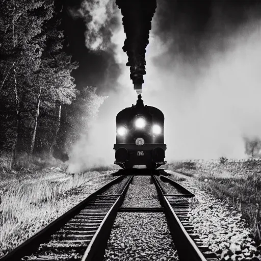 Image similar to train with steam locomotive leaving the station, dramatic cinematic angle and lighting, low key slow shutter