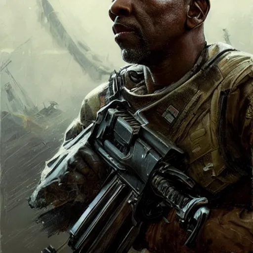 Image similar to portrait of a man by greg rutkowski, denzel washington as a colonial marine from aliens franchise, he is about 5 0 years old, military composure, wearing the tactical gear of the colonial marines, highly detailed portrait, digital painting, artstation, concept art, smooth, sharp foccus ilustration, artstation hq