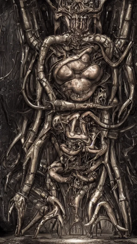 Image similar to god is dead, and ai killed him, in the style of hr giger, hyperrealistic, photorealistic, scifi illustration, 4 k, ultra hd, rendered in unreal engine 5, dark, gritty, evil, award winning, mystical, dungeons and dragons, mechanical