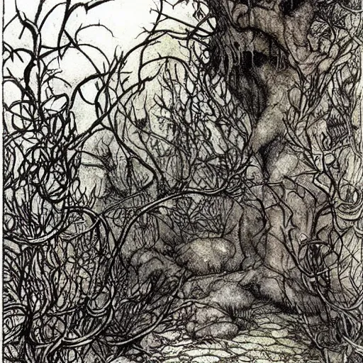 Image similar to fantastic underwater world, environment, building, faerie magic, cast iron fence, thorns, briarwood, overgrown, by Arthur Rackham, extremely detailed