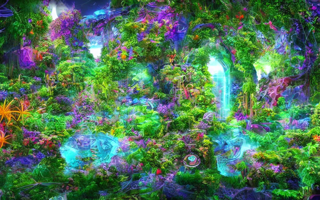 Image similar to techno - spiritual utopian garden, perfect future, award winning digital art