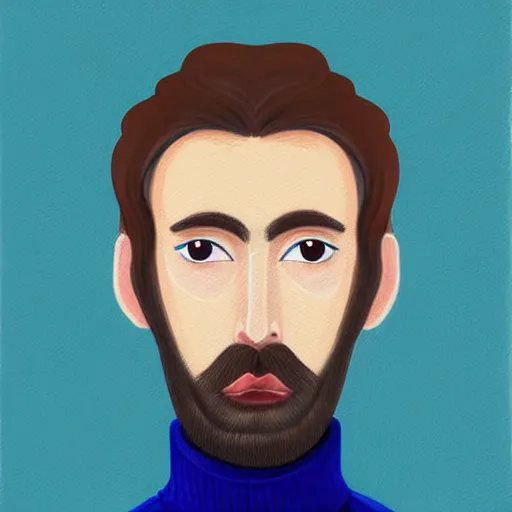 Image similar to gangly man with short dark blond wavy hair, dark blond beard, small chin, rectangular face, thin lips, English heritage, small blue eyes, middle aged, wearing a turtleneck and jacket, pale skin, narrow face, digital art, painterly, cartoon, cute, 8k, illustration, art by loish, painterly, trending on artstation, medium shot, uncropped