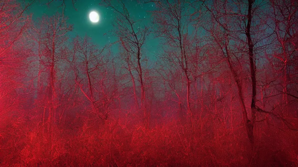 Image similar to (((psychedelic))) 8k ultra realistic night time photography of a mystical cosmic night sky with red smoke and a perfect huge full moon, A glimpse through a small gap in the dark green foliage and overgrowth and the trees of the huge gibbous full moon over water in a dark sky. wreathed in red smoke!!!, starlight, night-time, dark enclosed, cozy, quiet forest night scene, spangled, cosmic