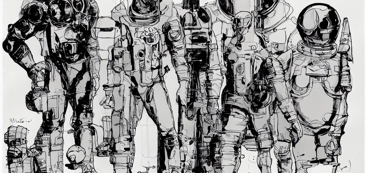 Image similar to male, full body, space suit with a modern helmet, character sheet, block shapes, science fiction, very stylized, character design, pen and ink, digital painting, watercolor wash, by mike mignola, by alex maleev, jean giraud