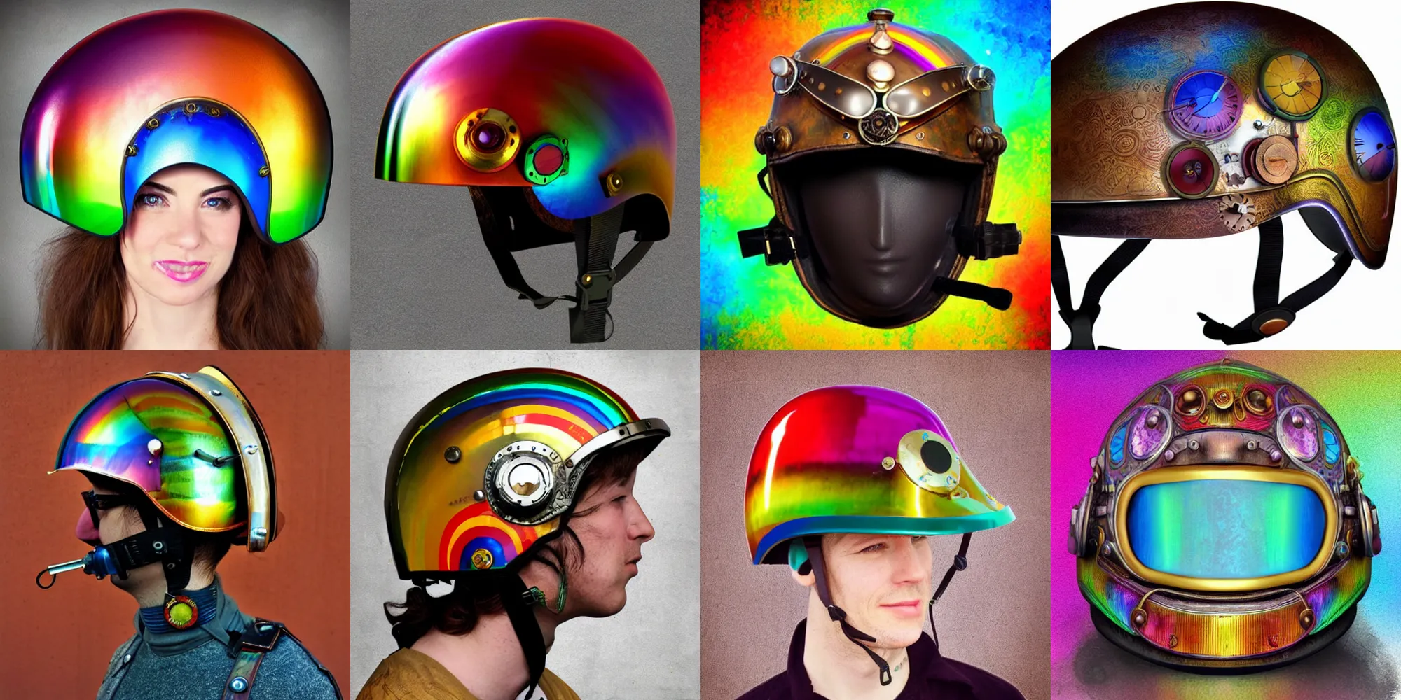 Prompt: rainbow steampunk helmet with flip up visor, digital art