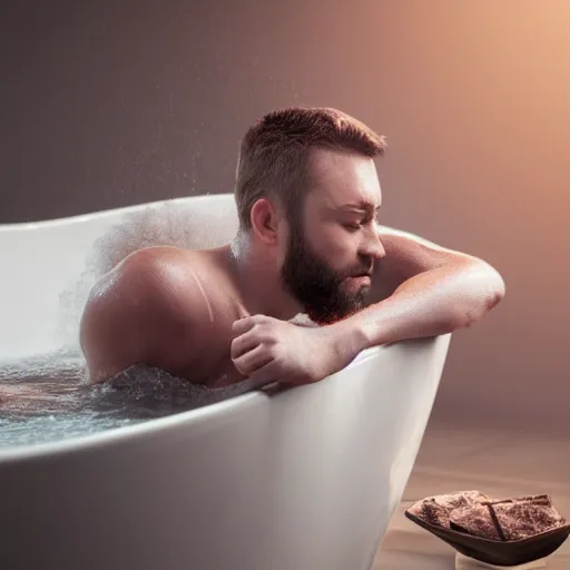 Prompt: man bathing in a tub full of nutella, dslr, 8 k, octane beautifully detailed render, cold lighting, cinematic lighting, detailed photo, masterpiece, volumetric lighting, ultra realistic, highly detailed, high quality, lossless, photorealistic