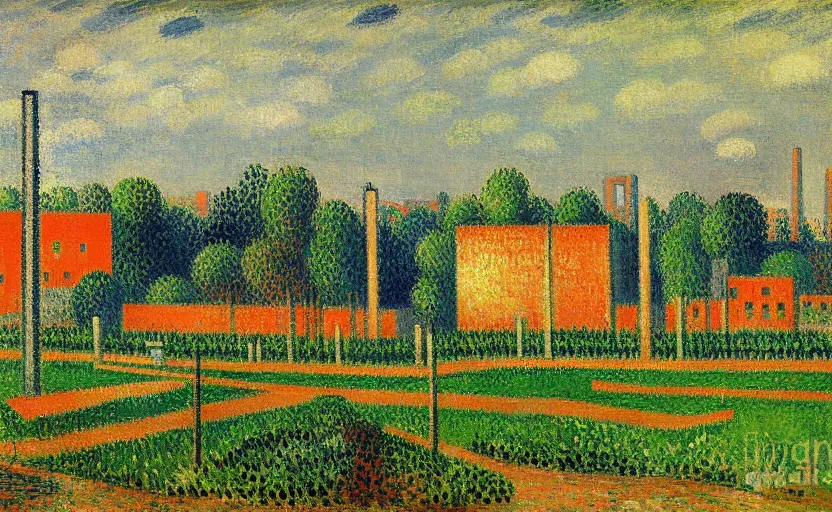 Image similar to geometric painting of industrial buildings surrounded by undergrowth by camille pissarro