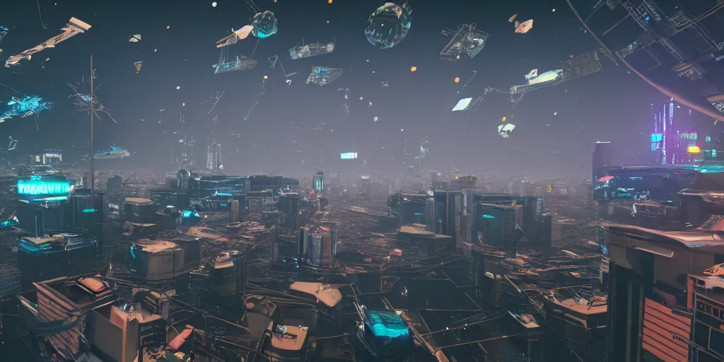 Image similar to a cyberpunk city in zero gravity with objects and debris flying around ultrarealism