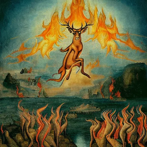 Image similar to bosch painting of a deer god hovering a lake of fire from where people try to escape