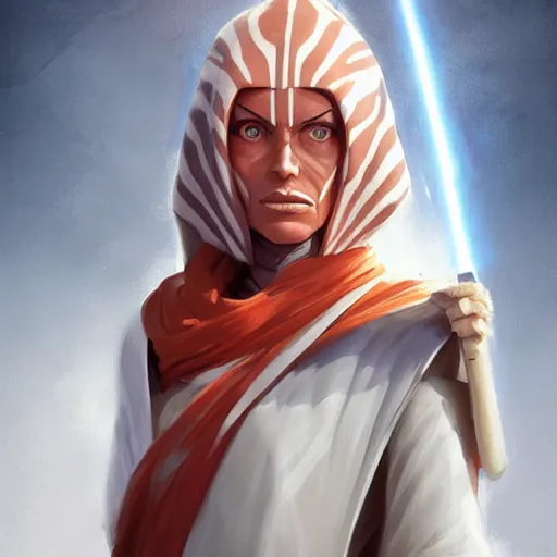 Image similar to portrait of a Ahsoka Tano by Greg Rutkowski, she is about 60 years old, wearing white robes, Star Wars Expanded Universe, highly detailed portrait, digital painting, artstation, concept art, smooth, sharp foccus ilustration, Artstation HQ
