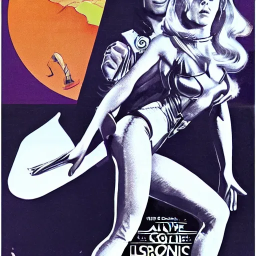 Prompt: Alex Jones as Barbarella, sci-fi movie poster 1968 illustration