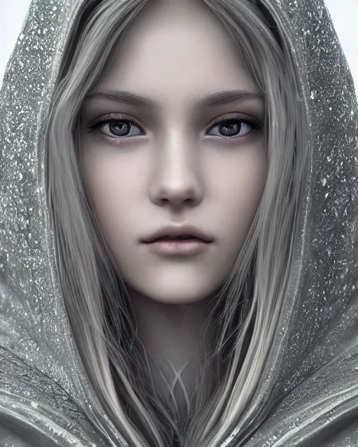 Prompt: light goddess, close up, beautiful, feminine, symmetrical face, highly detailed eyes, detailed blonde long hair, gray hooded cloak with gold edges, by wlop, cinematic lighting, intricate, blender, extremely detailed, masterpiece, pixiv, ray tracing