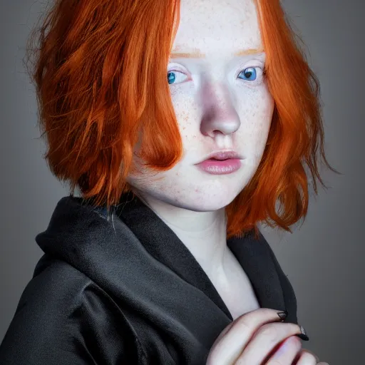 Image similar to studio portrait, a cute pretty 18 year old short pale ginger girl with freckles, ginger hair is middle parted, ginger hair is short, scowling, wearing a black robe, trending on art station, by wlop