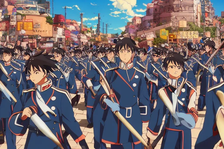 Image similar to anime key visual of a marching band in the middle of a fantasy city in the style of studio ghibli, moebius, makoto shinkai, dramatic volumetric lighting