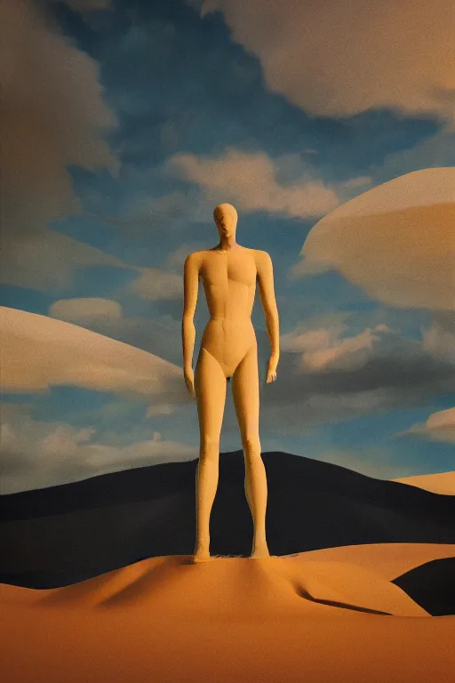 Prompt: a vast desert valley in the style of kazemir malevich with a marble statue of an ideal human in the middle of the foreground, oil painting, raytracing, 8 k, octane render, volumetric, vivid, beautiful, hyperrealism