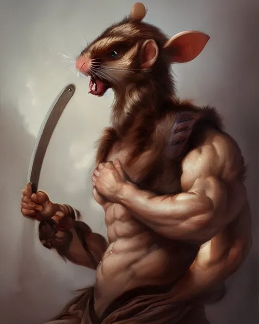 Image similar to baroque portrait of a male were-rat. he is very muscular. he is holding an axe. 4K trending on artstation by peter mohrbacher