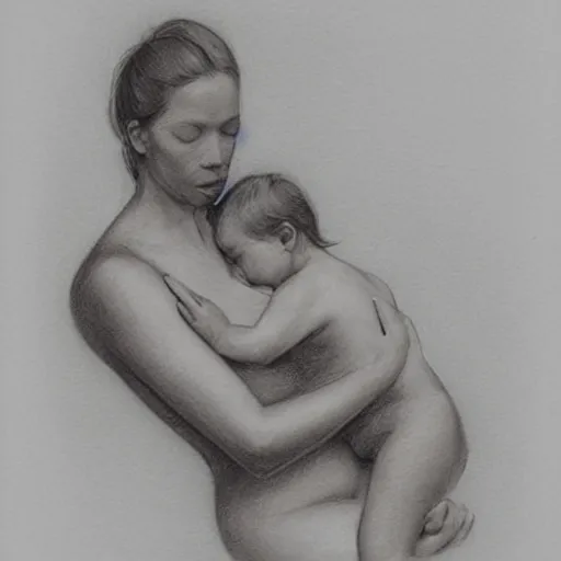 Image similar to This body art is beautiful because of its harmony of colors and its simple but powerful composition. The artist has created a scene of peaceful domesticity, with a mother and child in the center, surrounded by a few simple objects. The colors are muted and calming, and the overall effect is one of serenity and calm. pencil drawing, graphite by Nora Heysen incredible