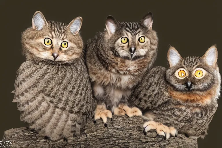 Image similar to a cat owl!!! hybrid! hyper realistic!! realistic lighting!! wildlife photographer of the year!!! bold natural colors, national geographic, hd, wide angle, 8 k