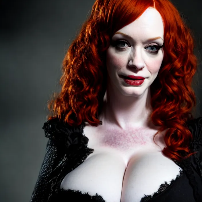 Prompt: portrait photograph of christina hendricks as a vampire warrior, real-life Extremely detailed. 8k